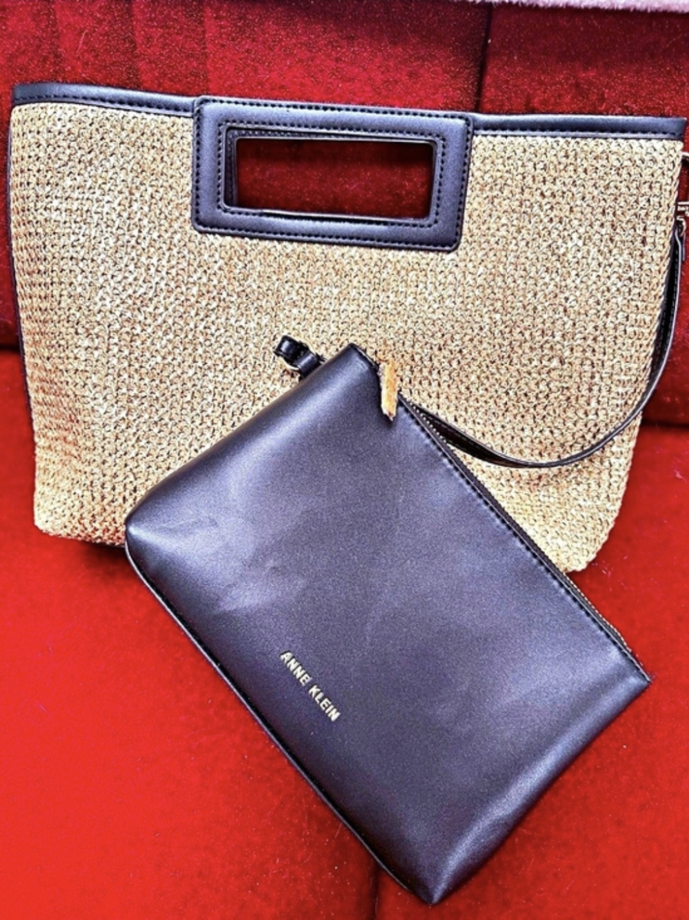 Anne Klein Woven Tote with Pouch in Black & Beige Like New